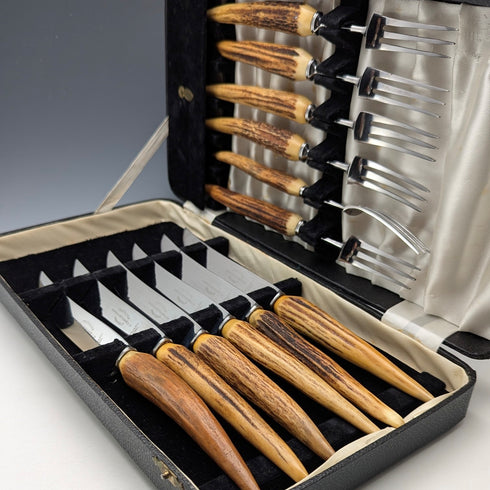 英國古董鹿角手柄牛排餐具 6 對套裝 Harrison Fisher & Co